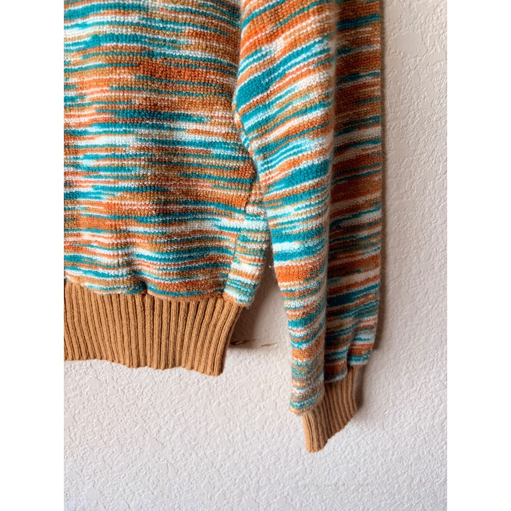 Vintage Fashion Womens Space Dye Knit XS Sweater Tan‎ Teal Crew Neck Ribbed Trim - Picture 9 of 11